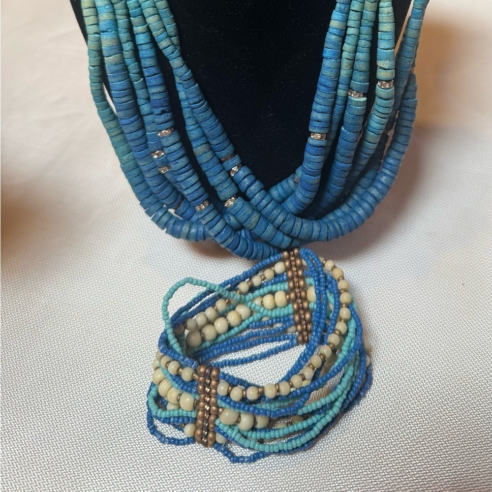 Blue Multi-Strand Beaded Necklace & Stretch Bracelet - Like New